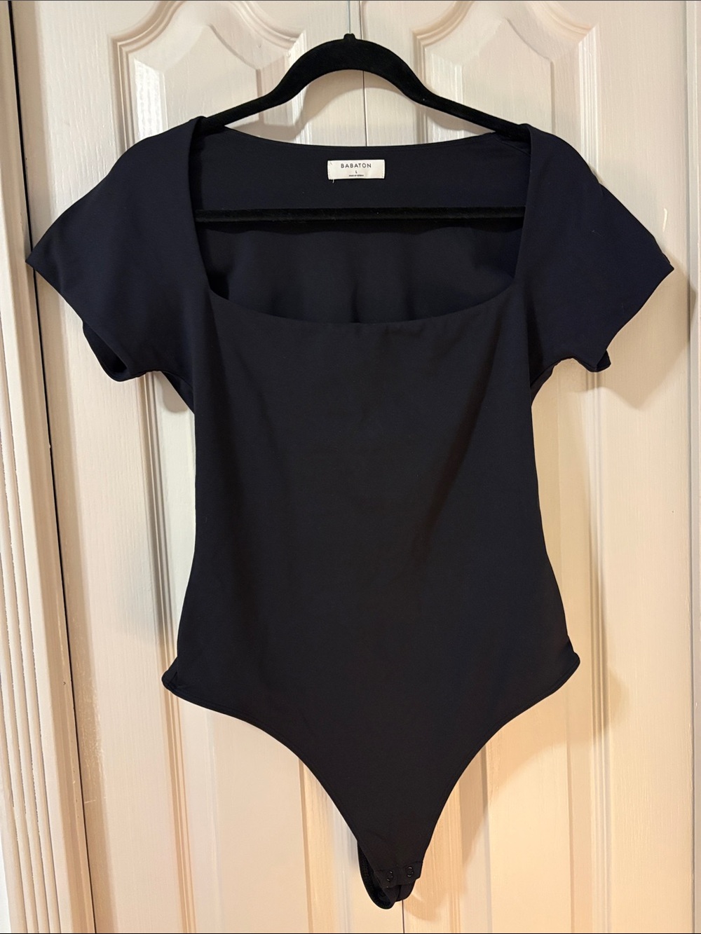 Babaton Black Square-Neck Short Sleeve Bodysuit